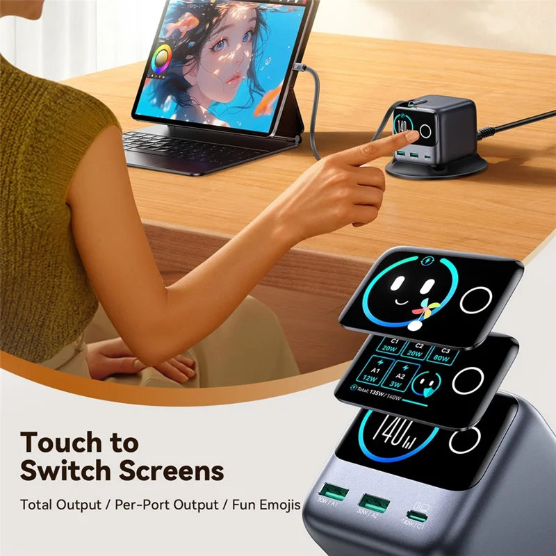 JOYROOM JR-TRD01 140W GaN-lader 5-port skrivebordsoplader med indbyggede kabler - EU-stik