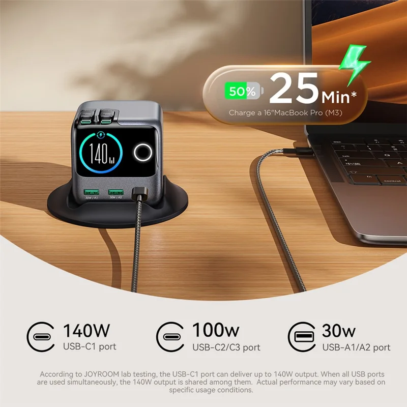 JOYROOM JR-TRD01 140W GaN-lader 5-port skrivebordsoplader med indbyggede kabler - EU-stik