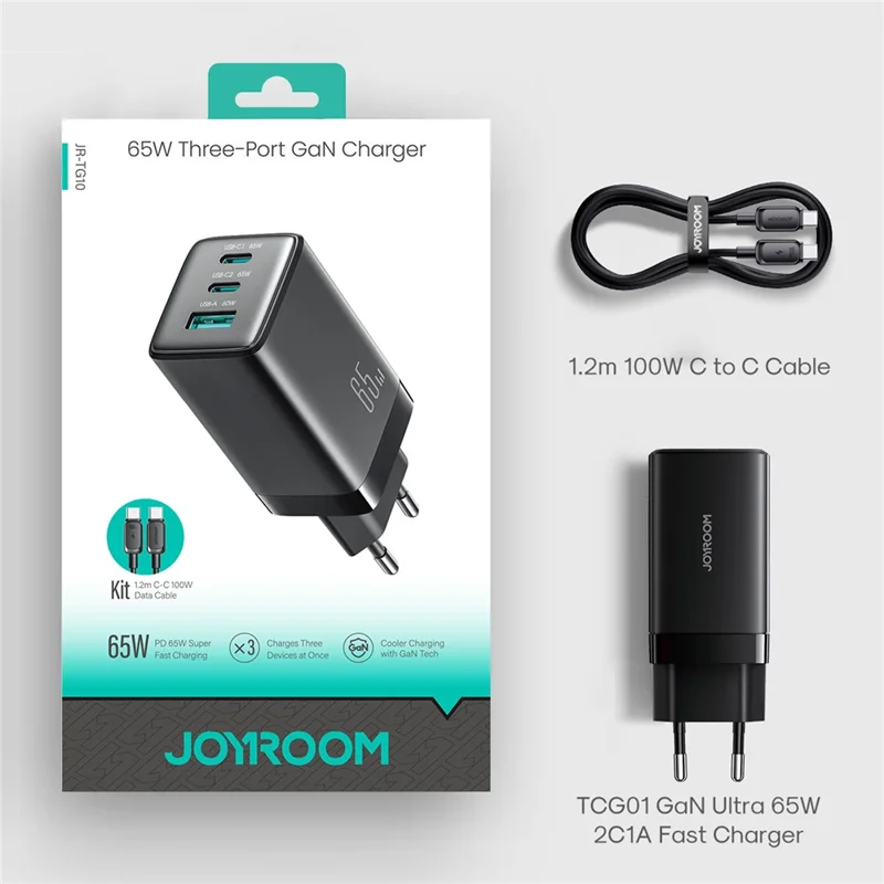 JOYROOM JR-TG10 65W EU Plug Fast Charging Adapter USB-A + Dual Type-C GaN Charger with 1.2m 100W USB-C Cable - Black