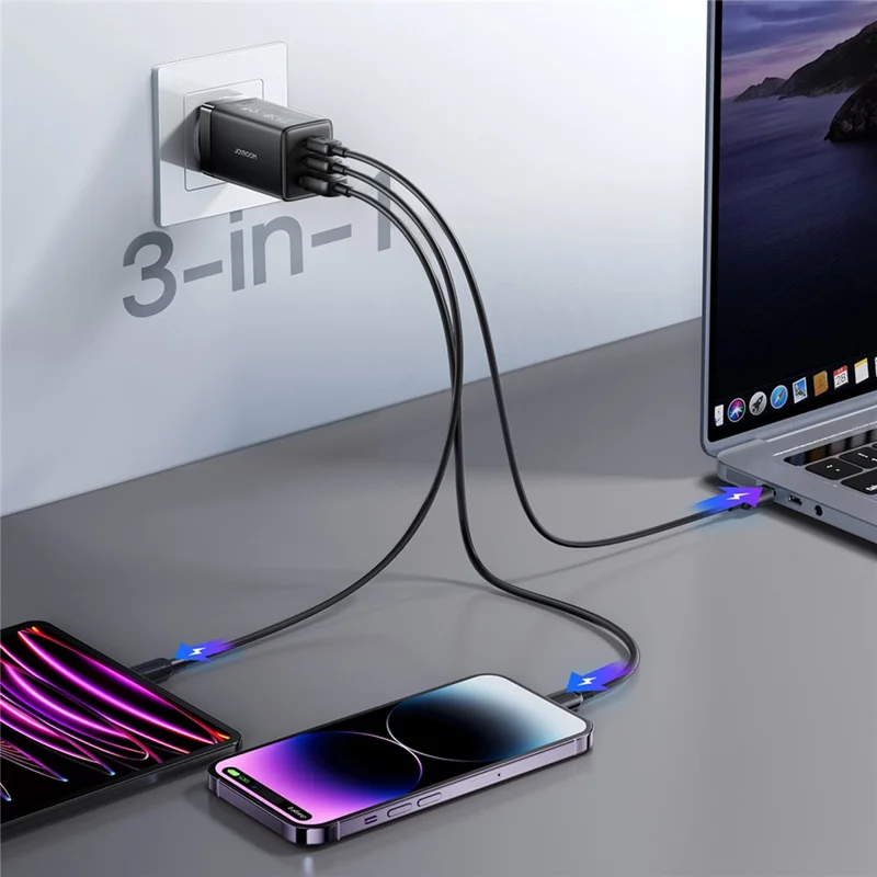 JOYROOM JR-TG10 65W EU Plug Fast Charging Adapter USB-A + Dual Type-C GaN Charger with 1.2m 100W USB-C Cable - Black