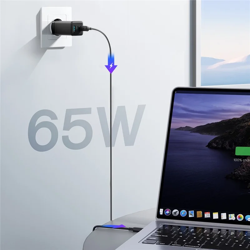 JOYROOM JR-TG10 65W EU Plug Fast Charging Adapter USB-A + Dual Type-C GaN Charger with 1.2m 100W USB-C Cable - Black