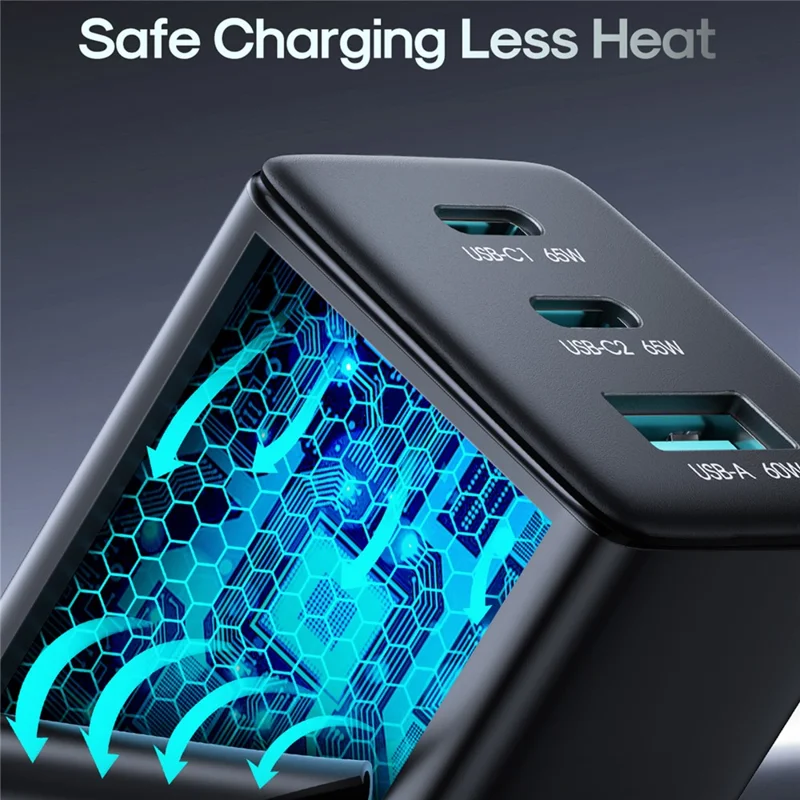 JOYROOM JR-TG10 65W EU Plug Fast Charging Adapter USB-A + Dual Type-C GaN Charger with 1.2m 100W USB-C Cable - Black