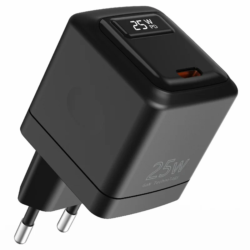 Digitaler 25W PD-Netzteil mit USB-C-Anschluss, schnelles Ladegerät mit Display, EU-Stecker – Schwarz