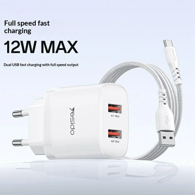YESIDO YC104 Dual USB Port Charger PD 12W Fast Charging Power Adapter with USB Cable for Smartphones  /  Tablets, EU Plug - White