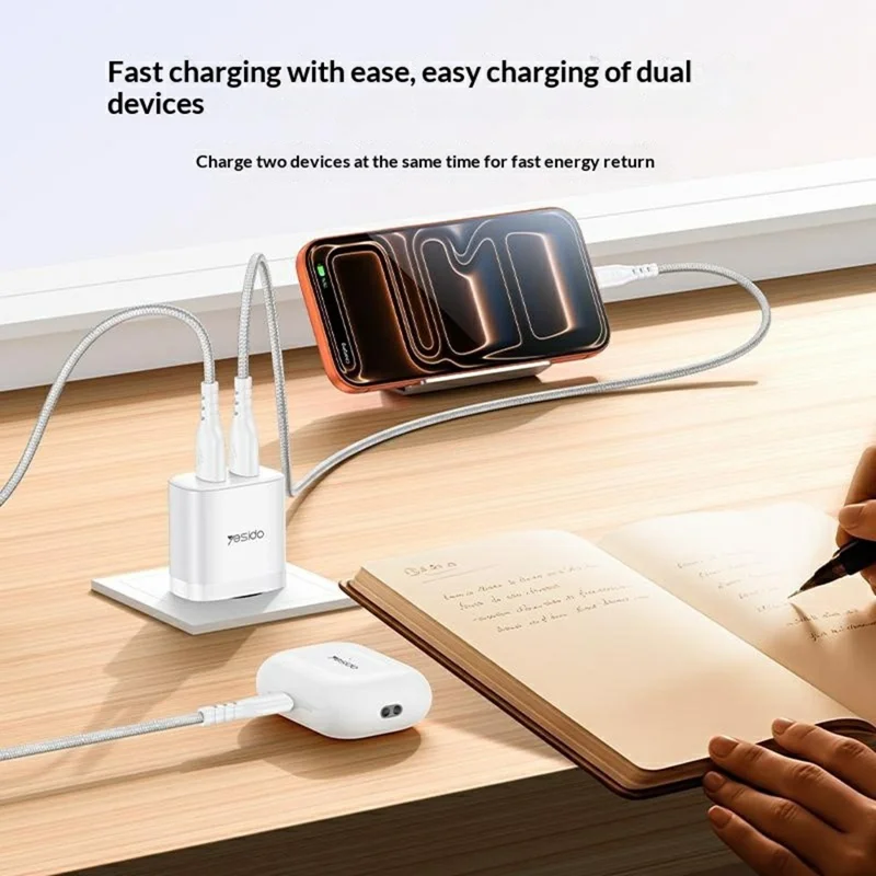 YESIDO YC104 Dual USB Port Charger PD 12W Fast Charging Power Adapter with USB Cable for Smartphones  /  Tablets, EU Plug - White