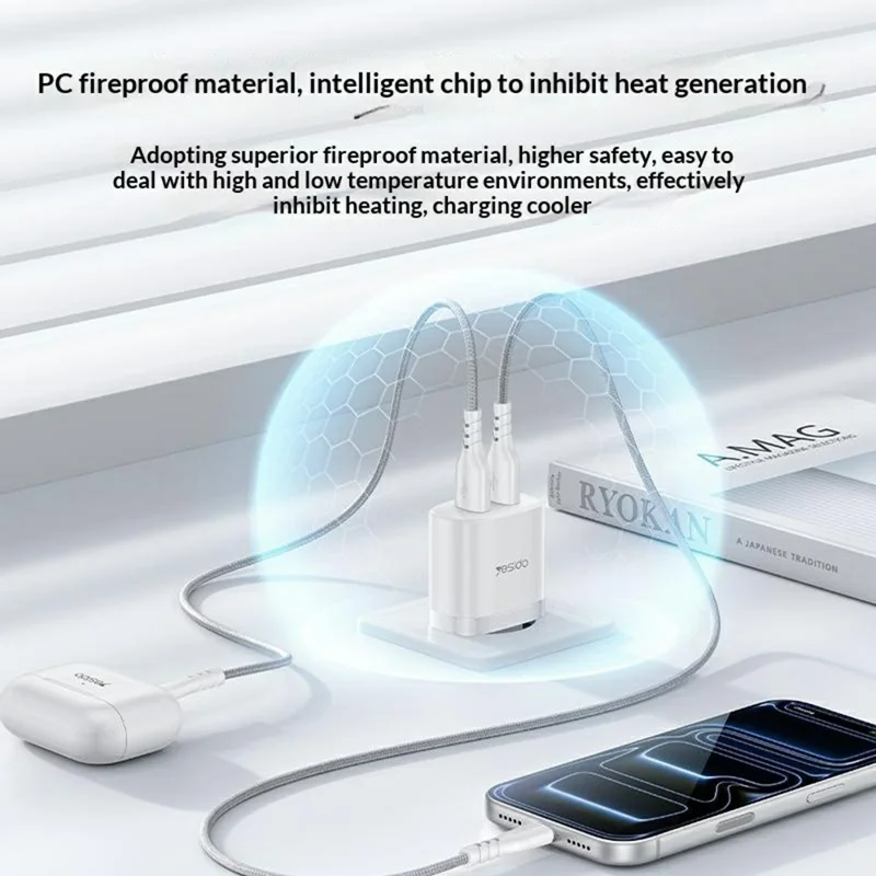 YESIDO YC104 Dual USB Port Charger PD 12W Fast Charging Power Adapter with USB Cable for Smartphones  /  Tablets, EU Plug - White