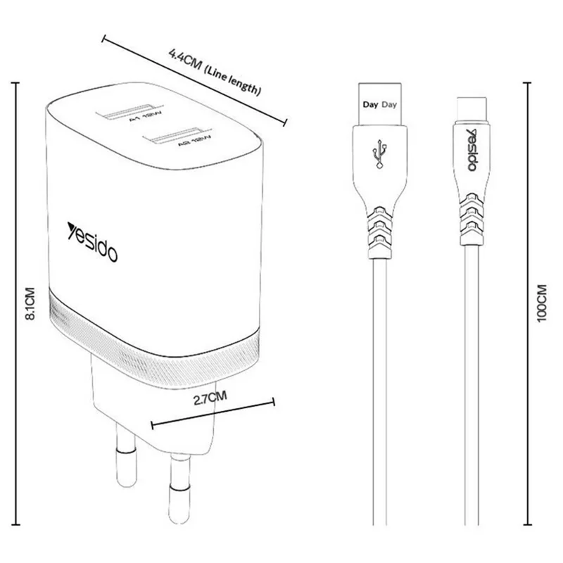 YESIDO YC104 Dual USB Port Charger PD 12W Fast Charging Power Adapter with USB Cable for Smartphones  /  Tablets, EU Plug - White