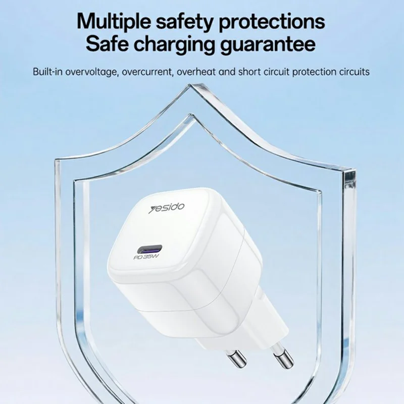 YESIDO YC103 PD 35W GaN Wall Charger USB-C Fast Charging Power Adapter Compact Travel Phone Charger, EU Plug - White