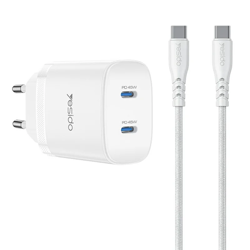 YESIDO YC109 PD 45W Dual USB-C Charger Set with USB-C Cable Fast Charging Power Adapter, EU Plug - White