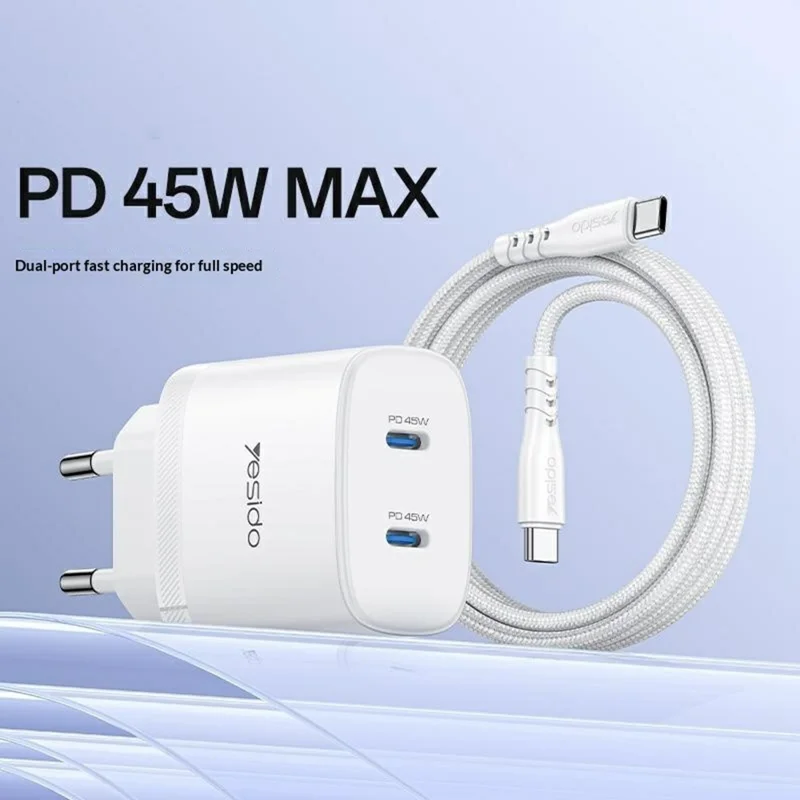 YESIDO YC109 PD 45W Dual USB-C Charger Set with USB-C Cable Fast Charging Power Adapter, EU Plug - White