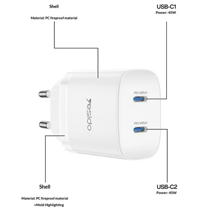 YESIDO YC109 PD 45W Dual USB-C Charger Set with USB-C Cable Fast Charging Power Adapter, EU Plug - White
