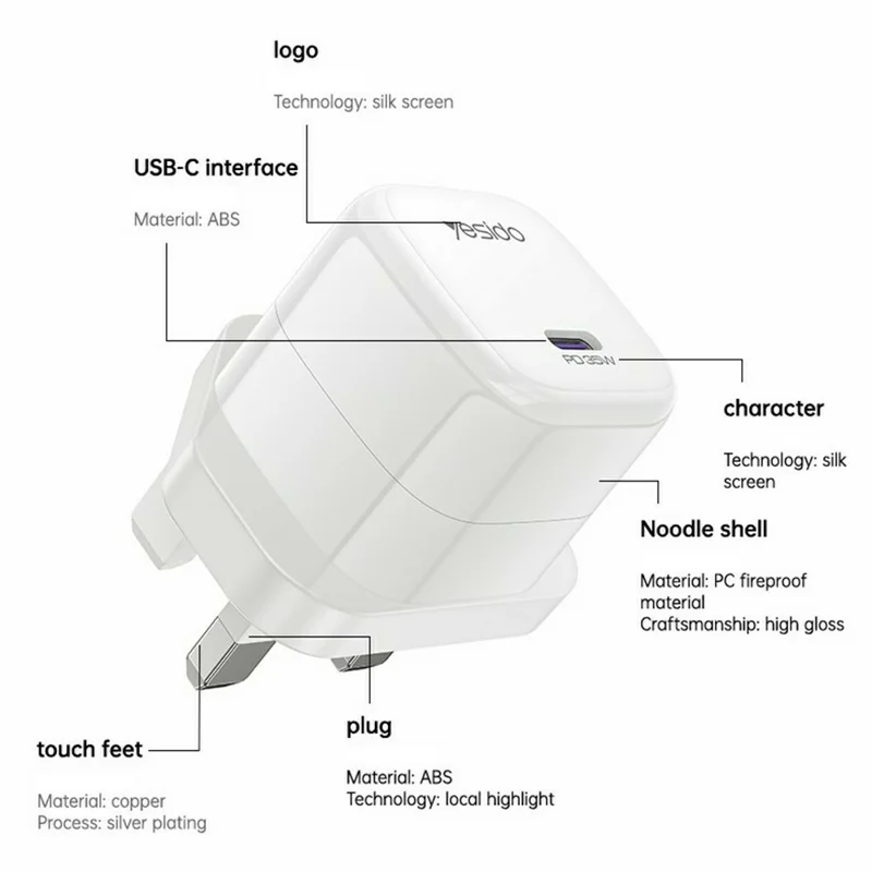 YESIDO YC149 PD 35W Travel Charger Adapter Single Port Type-C Fast Charging Adapter - UK Plug