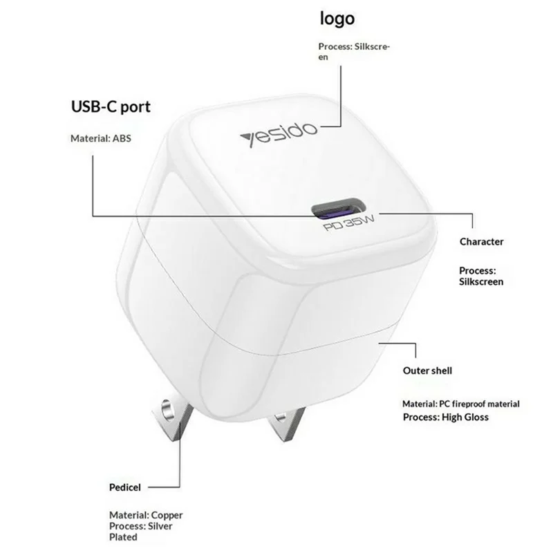 YESIDO YC16U Single USB-C PD 35W Charger Adapter Fast Charging Portable Mini Wall Charger - US Plug