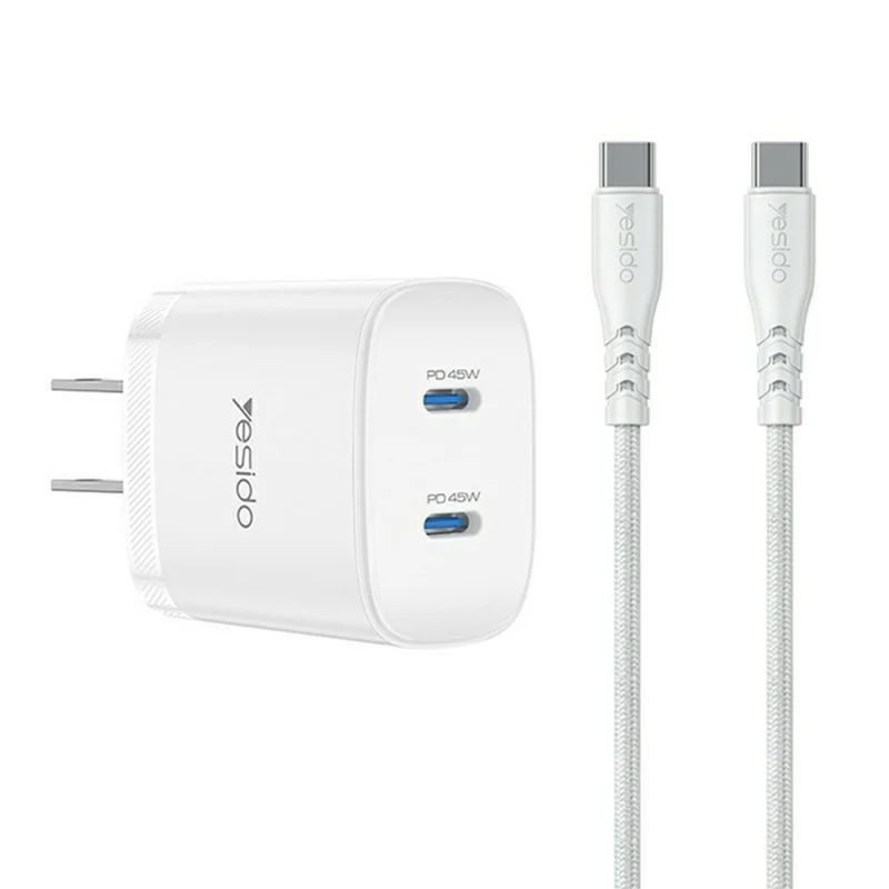 YESIDO YC22U PD 45W Dual USB-C Fast Charger Portable Wall Charger Adapter with USB-C to USB-C Cable - US Plug