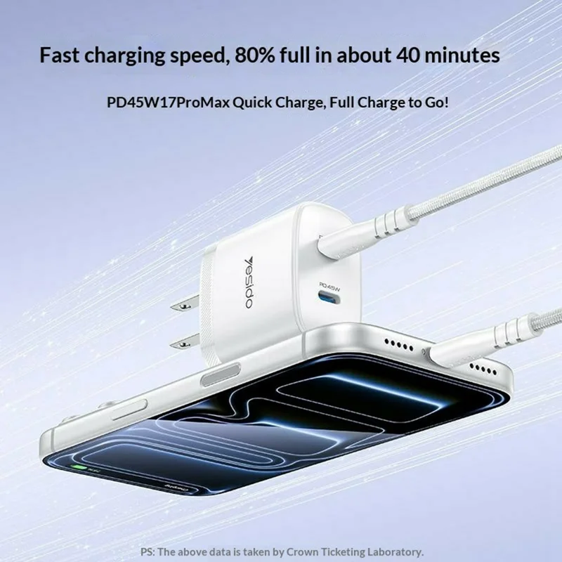 YESIDO YC22U PD 45W Dual USB-C Fast Charger Portable Wall Charger Adapter with USB-C to USB-C Cable - US Plug