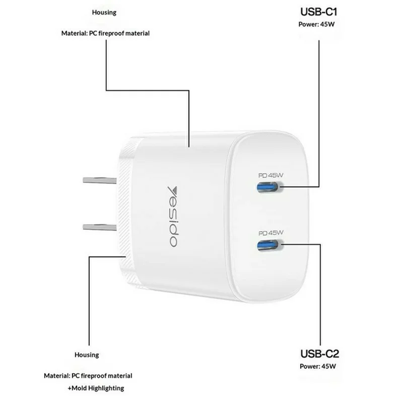 YESIDO YC22U PD 45W Dual USB-C Fast Charger Portable Wall Charger Adapter with USB-C to USB-C Cable - US Plug