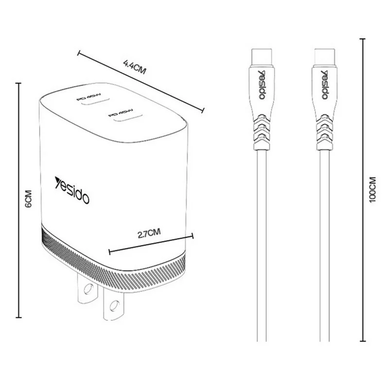 YESIDO YC22U PD 45W Dual USB-C Fast Charger Portable Wall Charger Adapter with USB-C to USB-C Cable - US Plug