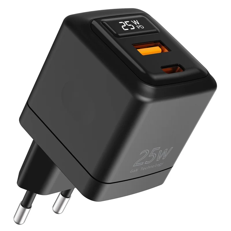 Bulk Purchasing PD 3.0 + QC3.0 25W GaN Fast Charger USB-A + USB-C Dual Port Digital Display Power Adapter for iPhone  /  Samsung  /  iPad, EU Plug - Black