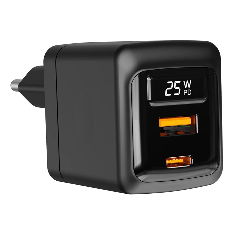 Bulk Purchasing PD 3.0 + QC3.0 25W GaN Fast Charger USB-A + USB-C Dual Port Digital Display Power Adapter for iPhone  /  Samsung  /  iPad, EU Plug - Black