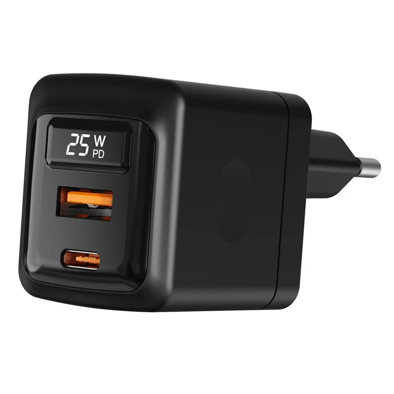 Bulk Purchasing PD 3.0 + QC3.0 25W GaN Fast Charger USB-A + USB-C Dual Port Digital Display Power Adapter for iPhone  /  Samsung  /  iPad, EU Plug - Black