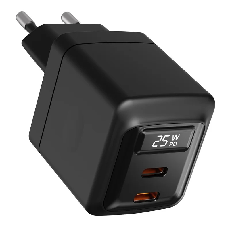 Bulk Purchasing PD 3.0 + QC3.0 25W USB-C Dual Port GaN Charger Digital Display Fast Charging Adapter for Phones  /  Tablets, EU Plug - Black