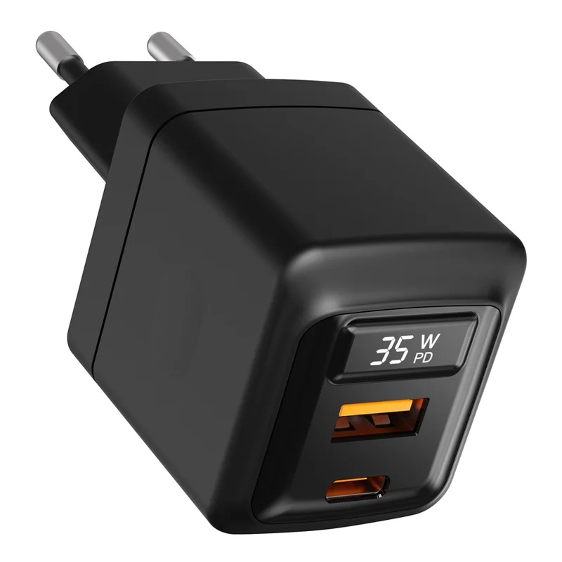 Bulk Purchasing PD 3.0 + QC3.0 35W GaN Fast Charger USB-A + USB-C Dual Port Digital Display Power Adapter for iPhone  /  Samsung  /  iPad, EU Plug - Black