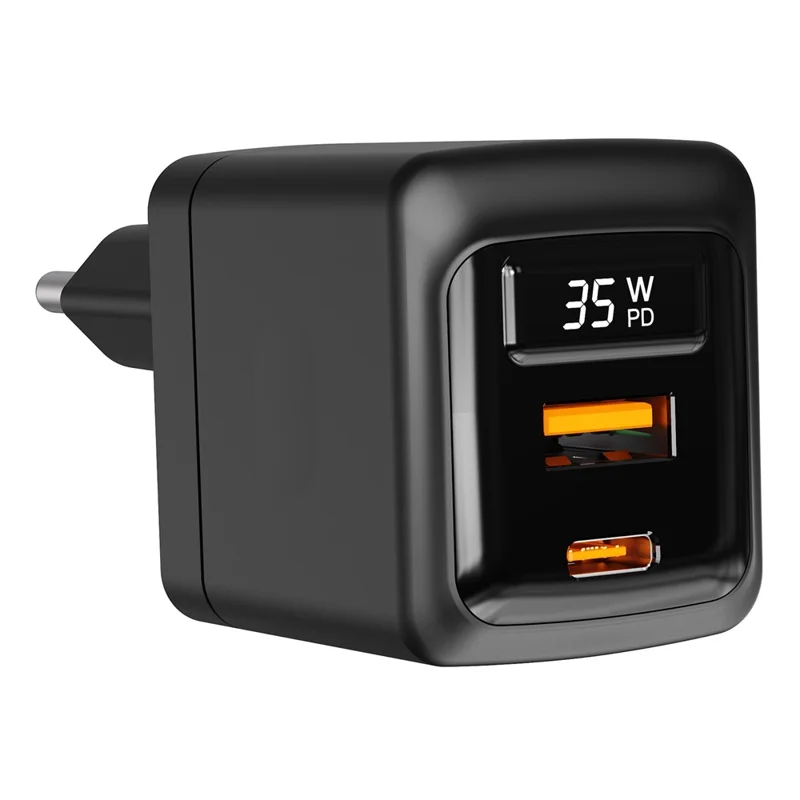 Bulk Purchasing PD 3.0 + QC3.0 35W GaN Fast Charger USB-A + USB-C Dual Port Digital Display Power Adapter for iPhone  /  Samsung  /  iPad, EU Plug - Black