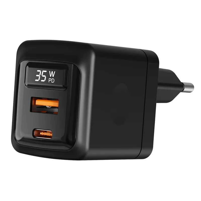 Bulk Purchasing PD 3.0 + QC3.0 35W GaN Fast Charger USB-A + USB-C Dual Port Digital Display Power Adapter for iPhone  /  Samsung  /  iPad, EU Plug - Black