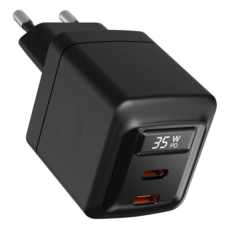 Bulk Purchasing PD 3.0 + QC3.0 35W USB-C Dual Port GaN Charger Digital Display Fast Charging Adapter for Phones  /  Tablets, EU Plug - Black