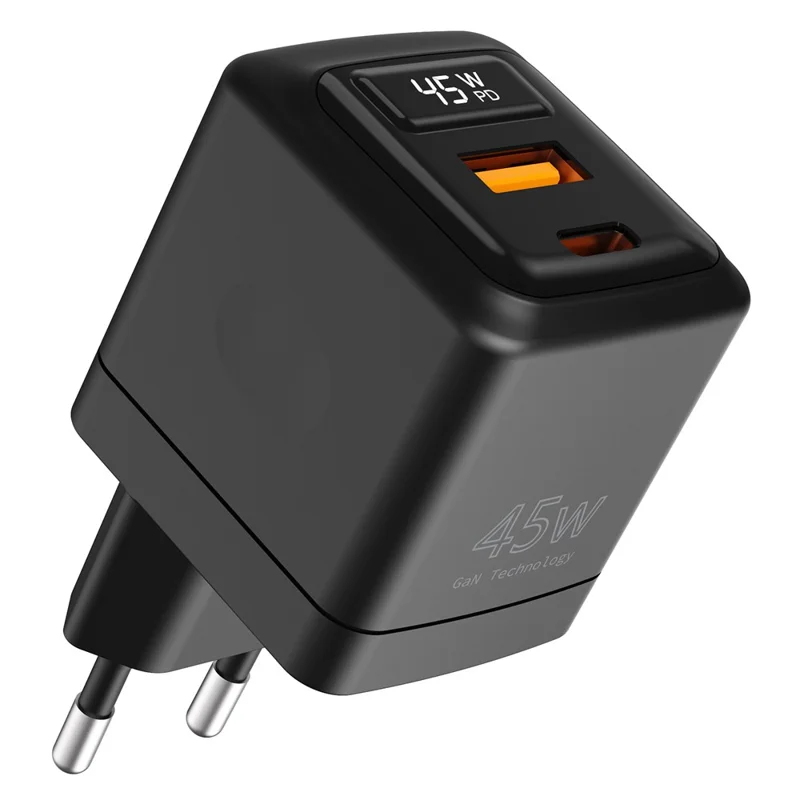 Bulk Purchasing PD 3.0 + QC3.0 45W GaN Fast Charger USB-A + USB-C Dual Port Digital Display Power Adapter for iPhone  /  Samsung  /  iPad, EU Plug - Black