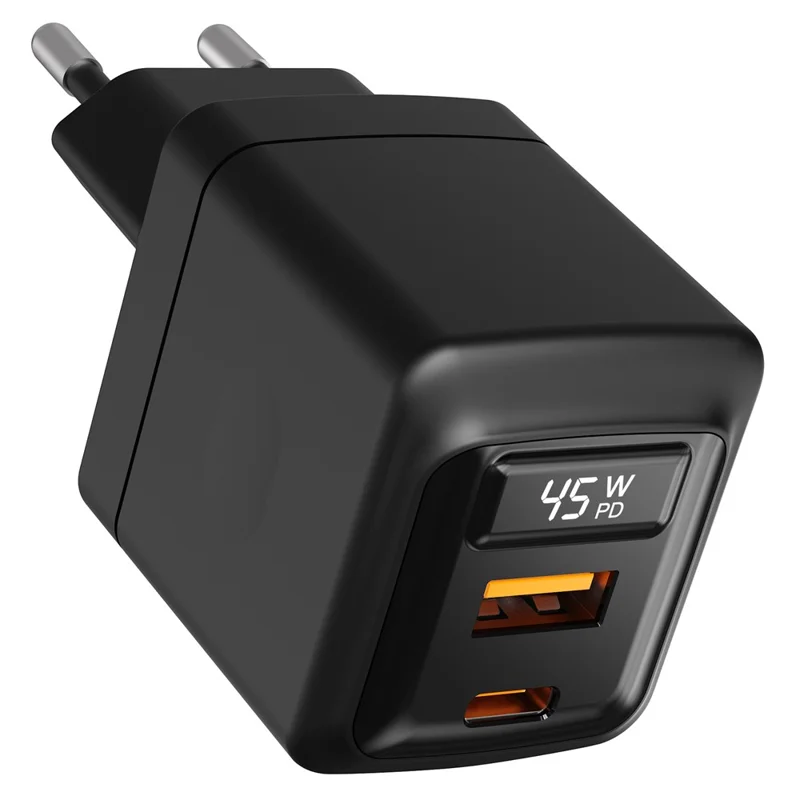 Bulk Purchasing PD 3.0 + QC3.0 45W GaN Fast Charger USB-A + USB-C Dual Port Digital Display Power Adapter for iPhone  /  Samsung  /  iPad, EU Plug - Black