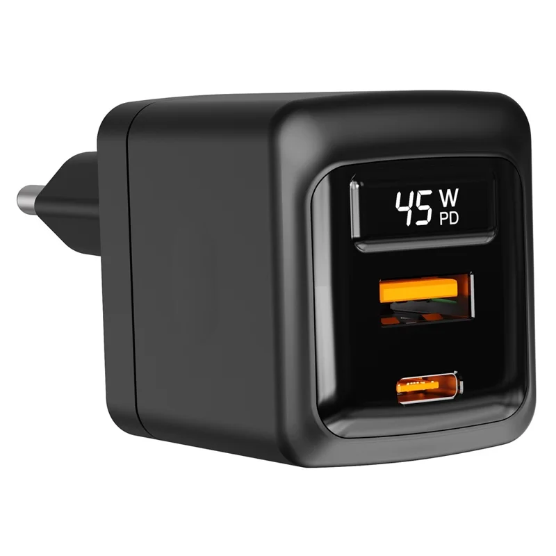 Bulk Purchasing PD 3.0 + QC3.0 45W GaN Fast Charger USB-A + USB-C Dual Port Digital Display Power Adapter for iPhone  /  Samsung  /  iPad, EU Plug - Black