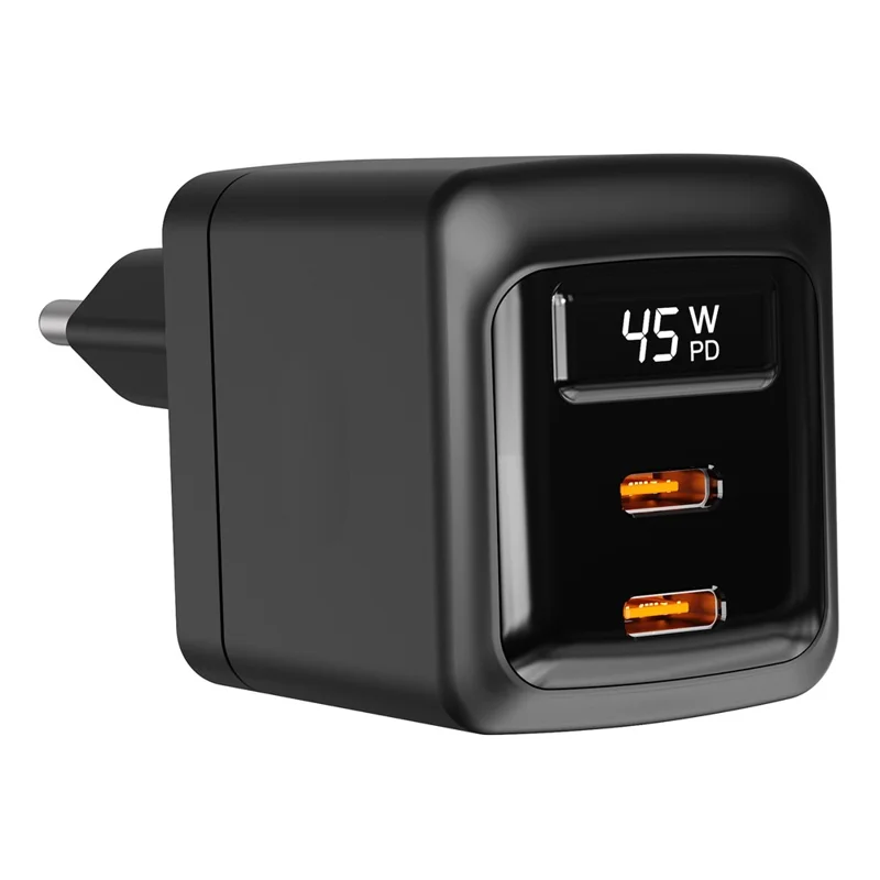 Bulk Purchasing PD 3.0 + QC3.0 45W USB-C Dual Port GaN Charger Digital Display Fast Charging Adapter for Phones  /  Tablets, EU Plug - Black