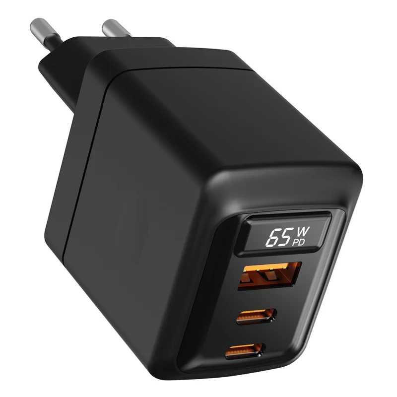 Mengenkauf USB-A + 2 Typ-C 65W GaN-Ladegerät PD 3.0 + QC3.0 Schnellladegerät mit Digitalanzeige für iPhone / Samsung / Xiaomi, EU-Stecker – Schwarz