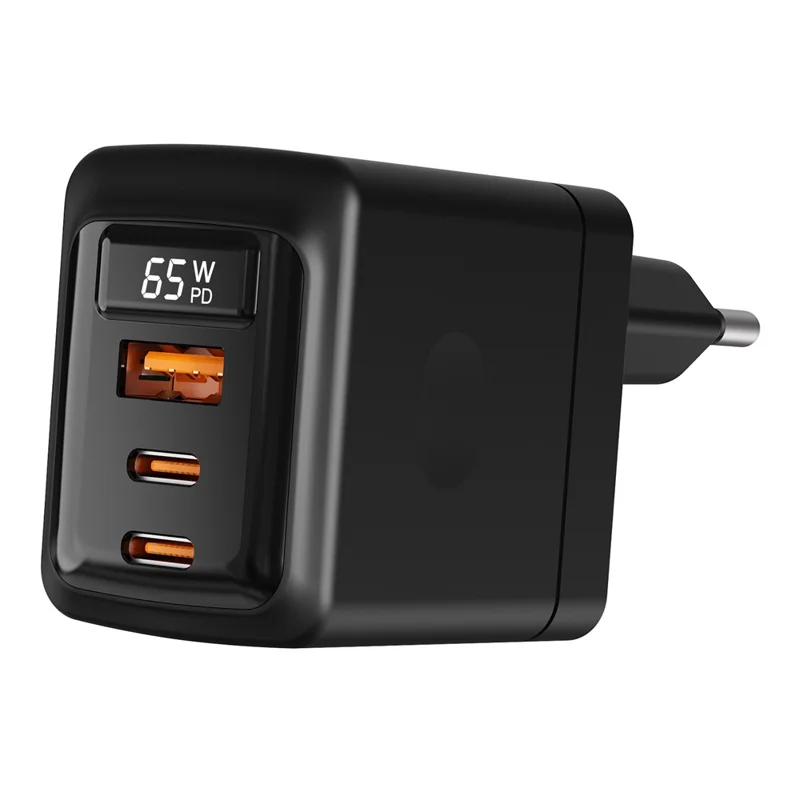 Mengenkauf USB-A + 2 Typ-C 65W GaN-Ladegerät PD 3.0 + QC3.0 Schnellladegerät mit Digitalanzeige für iPhone / Samsung / Xiaomi, EU-Stecker – Schwarz