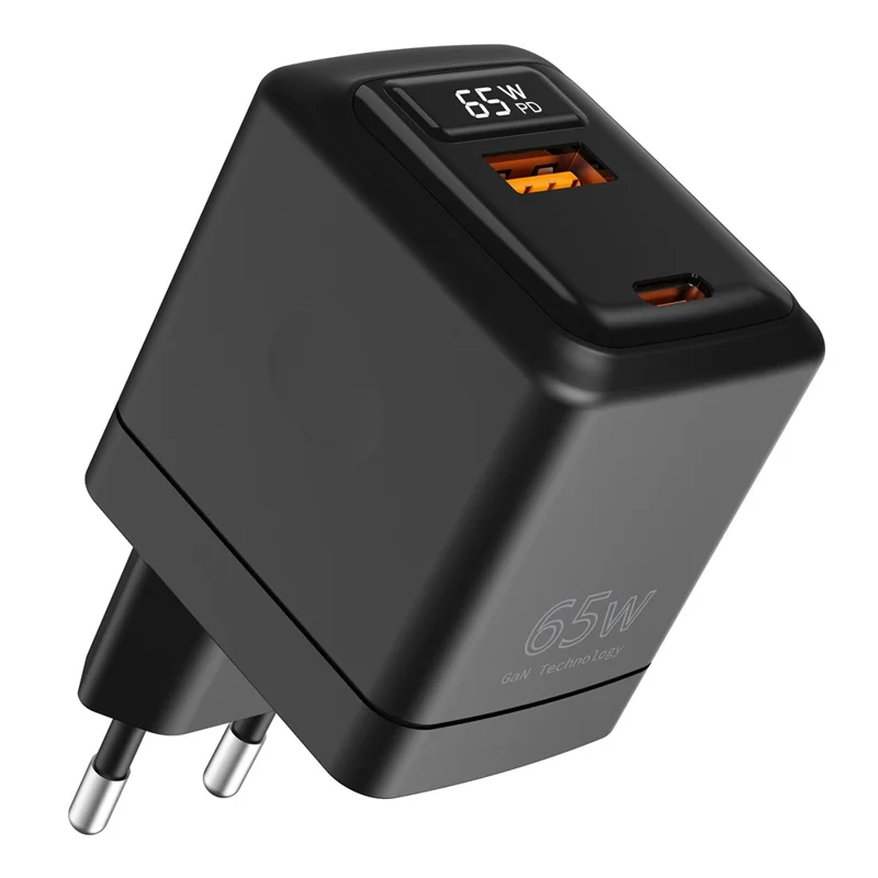Bulk Purchasing PD 3.0 + QC3.0 65W GaN Fast Charger USB-A + USB-C Dual Port Digital Display Power Adapter for iPhone  /  Samsung  /  iPad, EU Plug - Black
