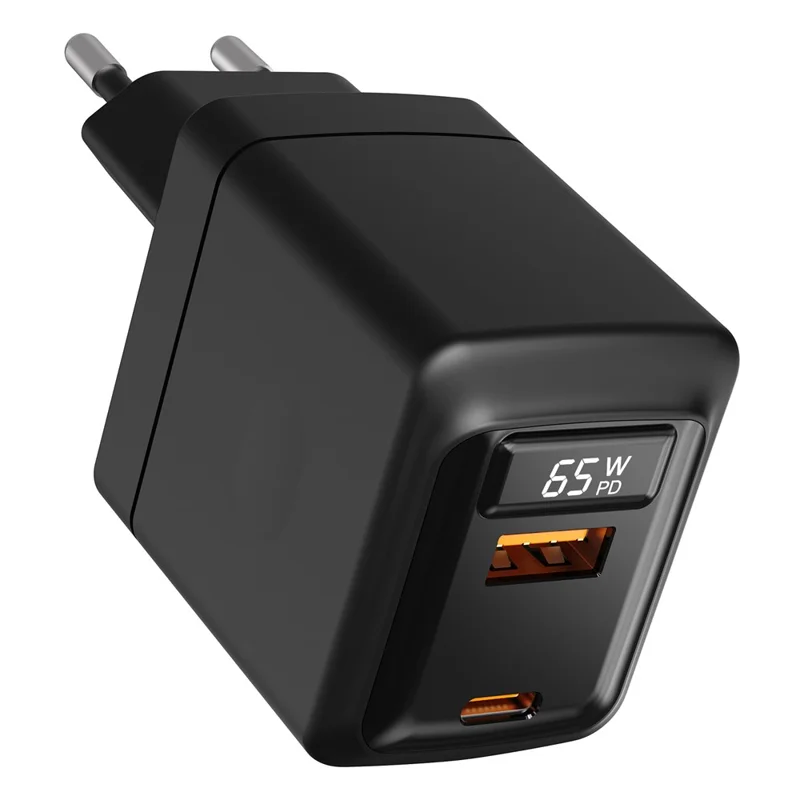 Bulk Purchasing PD 3.0 + QC3.0 65W GaN Fast Charger USB-A + USB-C Dual Port Digital Display Power Adapter for iPhone  /  Samsung  /  iPad, EU Plug - Black