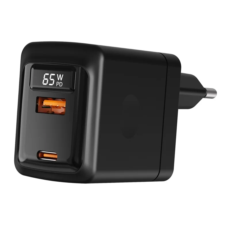 Bulk Purchasing PD 3.0 + QC3.0 65W GaN Fast Charger USB-A + USB-C Dual Port Digital Display Power Adapter for iPhone  /  Samsung  /  iPad, EU Plug - Black