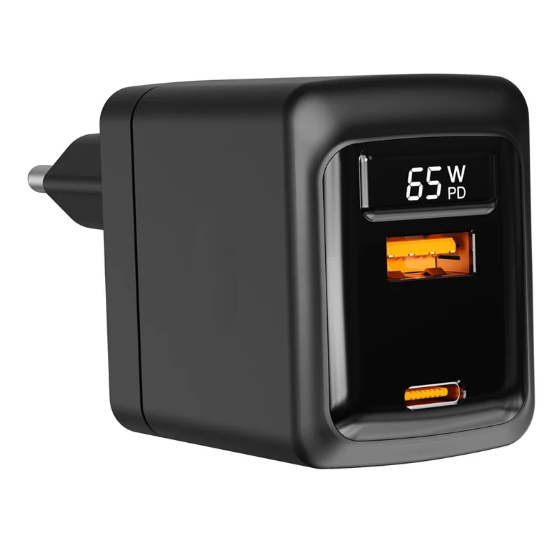 Bulk Purchasing PD 3.0 + QC3.0 65W GaN Fast Charger USB-A + USB-C Dual Port Digital Display Power Adapter for iPhone  /  Samsung  /  iPad, EU Plug - Black