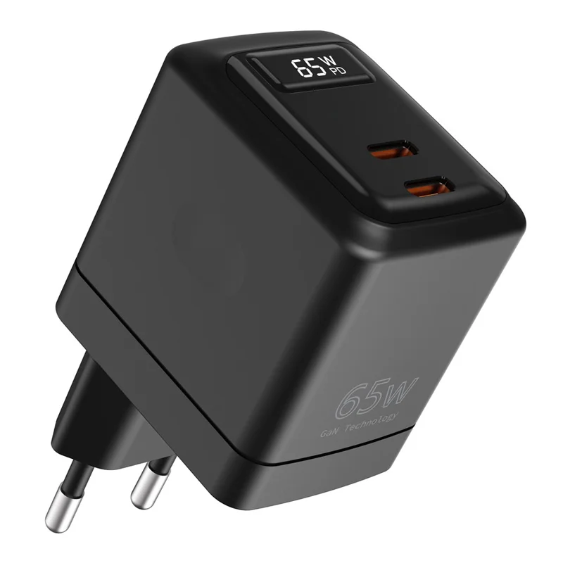 Bulk Purchasing PD 3.0 + QC3.0 65W USB-C Dual Port GaN Charger Digital Display Fast Charging Adapter for Phones  /  Tablets, EU Plug - Black