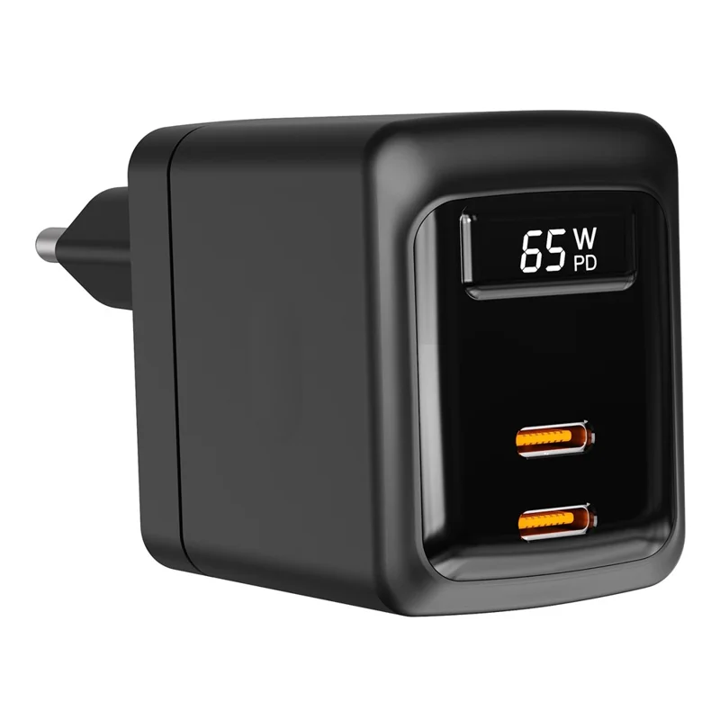 Bulk Purchasing PD 3.0 + QC3.0 65W USB-C Dual Port GaN Charger Digital Display Fast Charging Adapter for Phones  /  Tablets, EU Plug - Black