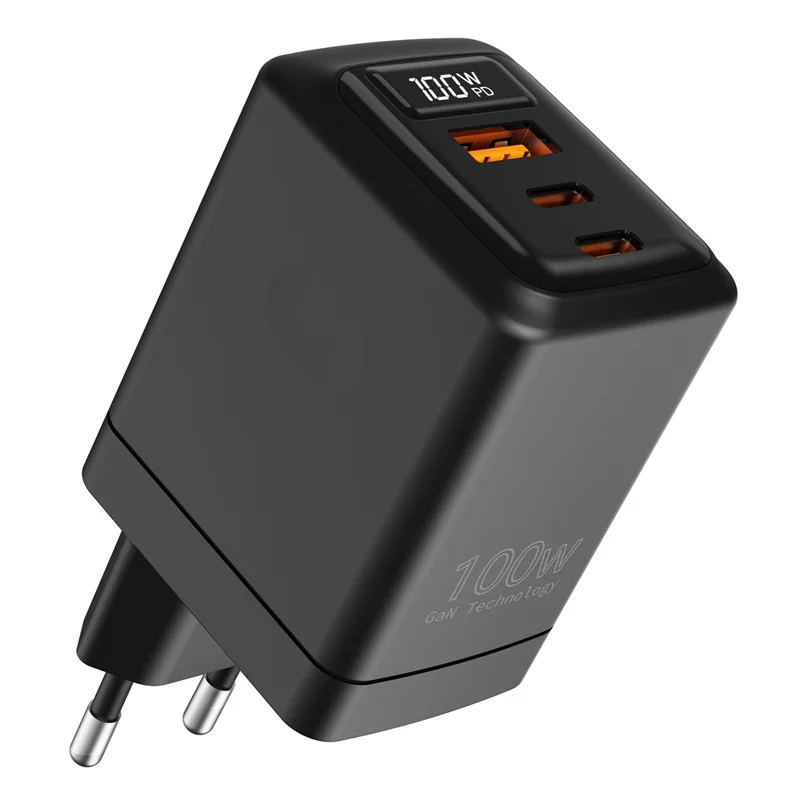 Großhandelskauf USB-A + 2 Typ-C 100W GaN-Ladegerät PD 3.0 + QC3.0 Schnellladeadapter mit Digitalanzeige für iPhone / Samsung / Xiaomi, EU-Stecker – Schwarz