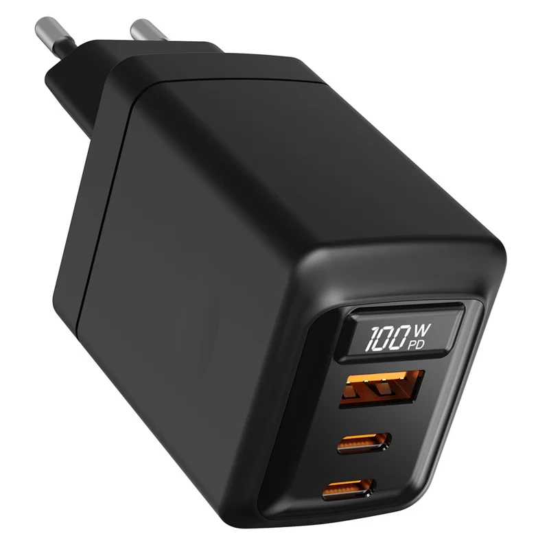 Großhandelskauf USB-A + 2 Typ-C 100W GaN-Ladegerät PD 3.0 + QC3.0 Schnellladeadapter mit Digitalanzeige für iPhone / Samsung / Xiaomi, EU-Stecker – Schwarz