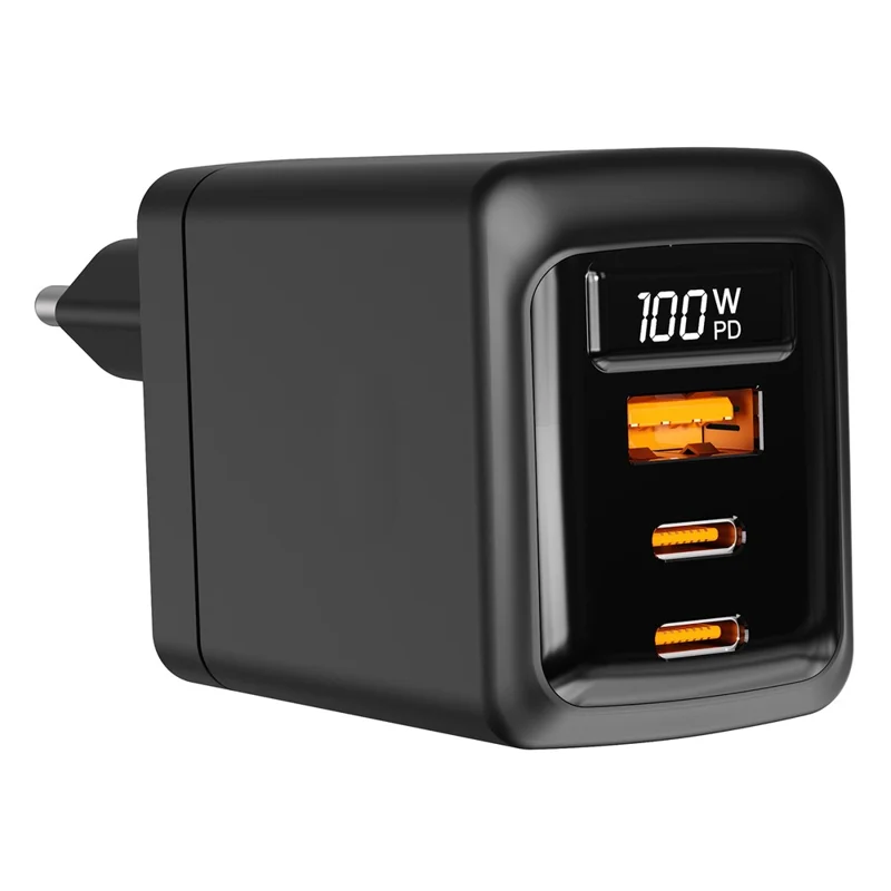 Großhandelskauf USB-A + 2 Typ-C 100W GaN-Ladegerät PD 3.0 + QC3.0 Schnellladeadapter mit Digitalanzeige für iPhone / Samsung / Xiaomi, EU-Stecker – Schwarz