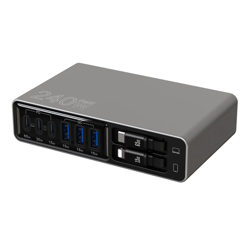 Duży zakup ładowarki szybkiej PD 3.0 + QC3.0 65 W, stacja ładowania na biurko z 3 portami USB-C + 3 portami USB-A z wysuwającymi się przewodami typu C + iP, wtyk UE – czarny
