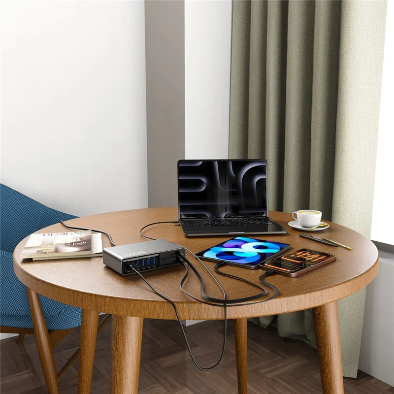 Duży zakup ładowarki szybkiej PD 3.0 + QC3.0 65 W, stacja ładowania na biurko z 3 portami USB-C + 3 portami USB-A z wysuwającymi się przewodami typu C + iP, wtyk UE – czarny