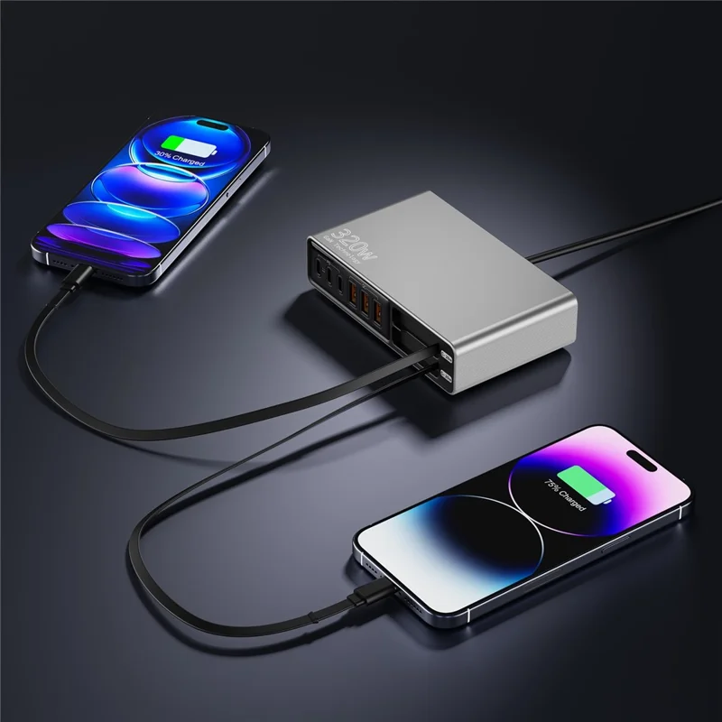 Stacja ładująca z dużą ilością portów 3 USB-C + 3 USB-A PD 3.0 + QC3.0 100 W szybkie ładowanie na biurko z dwoma wyciąganymi kablami typu C – Czarny