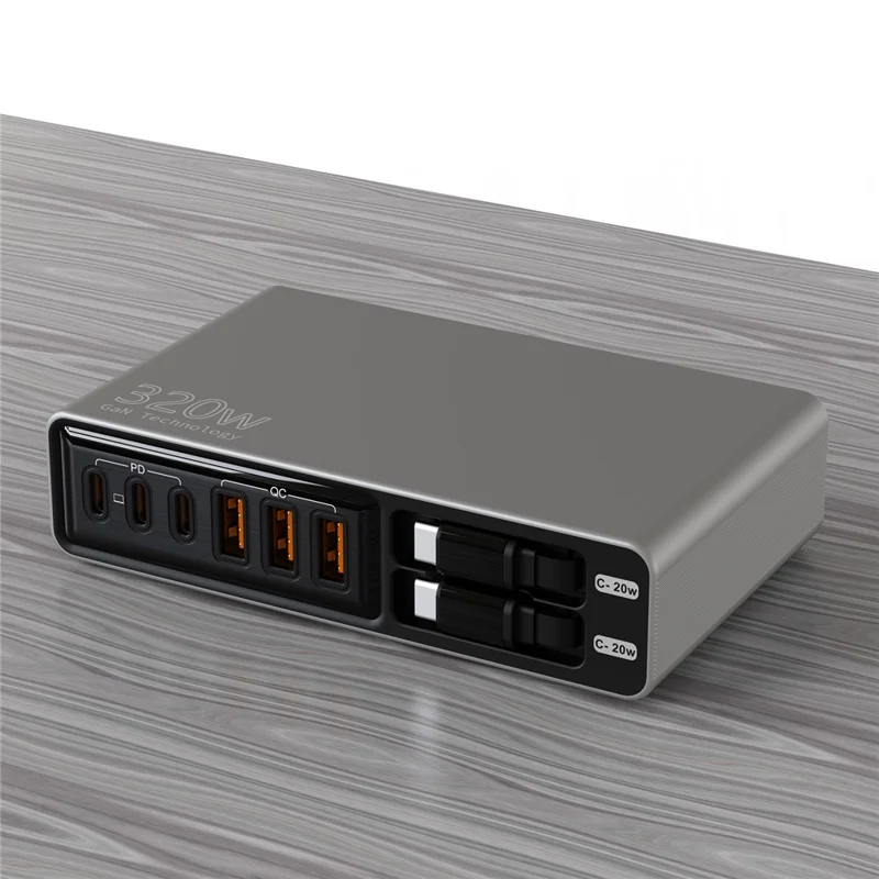 Stacja ładująca z dużą ilością portów 3 USB-C + 3 USB-A PD 3.0 + QC3.0 100 W szybkie ładowanie na biurko z dwoma wyciąganymi kablami typu C – Czarny