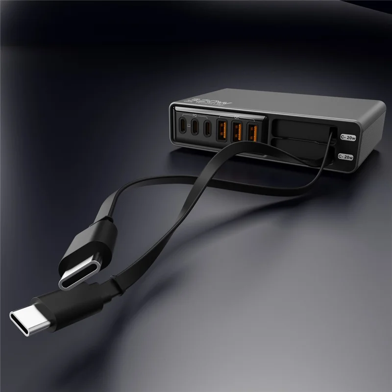 Stacja ładująca z dużą ilością portów 3 USB-C + 3 USB-A PD 3.0 + QC3.0 100 W szybkie ładowanie na biurko z dwoma wyciąganymi kablami typu C – Czarny
