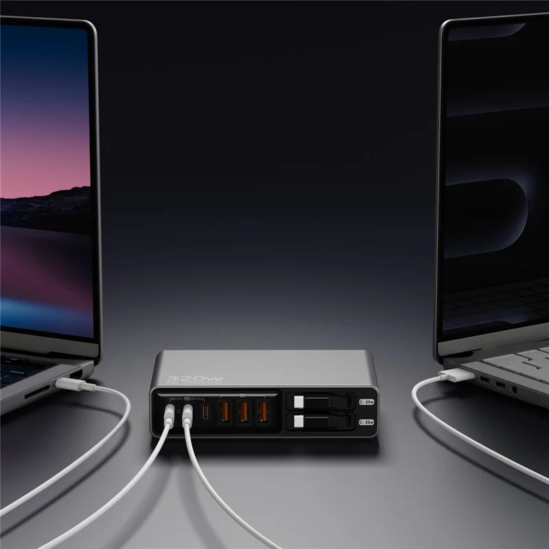 Stacja ładująca z dużą ilością portów 3 USB-C + 3 USB-A PD 3.0 + QC3.0 100 W szybkie ładowanie na biurko z dwoma wyciąganymi kablami typu C – Czarny